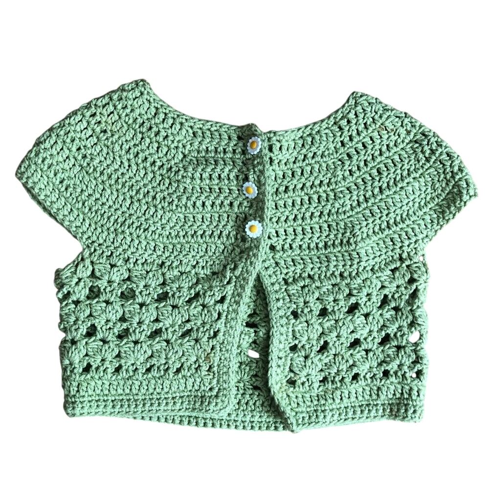 Crochet Handmade Daisy Buttons Cropped Green Vest Girl’s Size 5-8